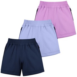 BIG ELEPHANT 3 Pcs Girls Athletic Shorts with Liner, Quick Dry Sports Shorts with Zipper Pockets for Running, Soccer, Cycling