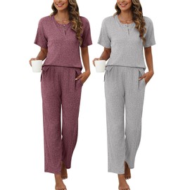 Ekouaer 2 Pack Womens Ribbed Knit Lounge Set Short Sleeve Top and Pants Sleepwear Pajama Set Outfits Set with Pockets