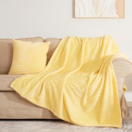 Vessia Flannel Throw Blanket with Pillow Cover for Couch,Sofa,Bed, 300GSM Striped Light Yellow Blanket Throw for Adults, Super Soft Warm Cozy Ribbed Pale Yellow Throw for All-Season(50x71inch)