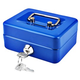 Small Cash Box with Key Lock, Portable Metal Money Box with Double Layer & 2 Keys for Security 12.5 * 10 * 5.6cm (S, Blue)