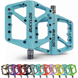 BUCKLOS Mountain Bike Pedals MTB Pedals Flat, Bicycle Road Bike Adult Large Platform Pedal with Non-Slip Grips for Gravel/Ebike/Hybrid Bikes/Beach Cruiser(9/16 Nylon Blue)