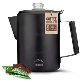 Toughty Yosemite Percolator Coffee Pot – Classic Stovetop Coffee Maker for Camping, Hiking & Home, Durable Stainless Steel Pot, Compatible with All Stovetops – Old-Fashioned 9-Cup Percolator, Black
