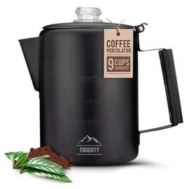 Toughty Yosemite Percolator Coffee Pot – Classic Stovetop Coffee Maker for Camping, Hiking & Home, Durable Stainless Steel Pot, Compatible with All Stovetops – Old-Fashioned 9-Cup Percolator, Black