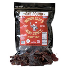 Bronco Billy's Beef Jerky Sweet Heat, One Pound Resealable Bag, Spicy & Sweet Flavor, Hand Cut, Hand Strung, Hand Packed, Made in USA