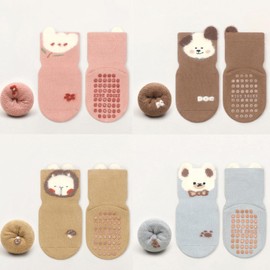 Exemaba 6 Pairs Baby Non-Slip Socks Thick Toddler Warm Winter Socks Stopper Socks ABS Non-Slip Socks for Boys Girls, beige tomato