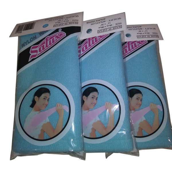 SALUX Nylon Japanese Beauty Skin Bath Wash Cloth/Towel - Blue (3 pack, Blue)