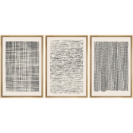 SIGNWIN Framed Canvas Print Wall Art Set Geometric Dark Black Grid Wave Pattern Abstract Shapes Cozy Neutral Modern Art Decorative Contemporary for Living Room, Bedroom, Office - 24"x36"x3 Natural