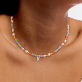 ANOBLEJRY Colorful Beaded Initial Necklaces for Women Boho Jewelry Cute Initial A-Z Choker Necklaces for Women Summer Gifts Jewelry Trendy Sister Birthday Gifts, Brass, Cubic Zirconia