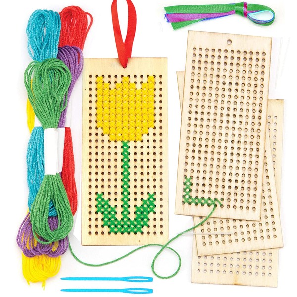 Wooden Bookmark Cross Stitch Kits, 4 Pack Embroidery Starter Kit Embroidery Set Cross Stitch Bookmark Kits with Cross Stitch Frame, Needles, Threads, Ribbons for Kids Beginners DIY Project Art Craft