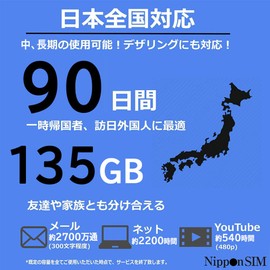Nippon SIM for Japan 90 Days 135GB 4G LTE Data (No Voice/Text) 3-in-1 SIM Card | docomo Network | Japan Local Support | No Activation No Contract | Supports Tethering | 短期帰国・短期来日最適 安心メーカーサポート