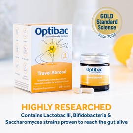 Optibac Travel Abroad Probiotics -Vegan Digestive Probiotic Supplement Formulated for Travel Support & Gut Health, 5 Billion Live Cultures - 20 Capsules