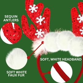 Needzo Red and White Snowflake Christmas 2023 Reindeer Antler Headband, Red Sequin Hair Accessory for Holiday Parties, One Size Fits Most Kids and Adults