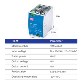 DrapeMania NDR-480-48 DIN Rail Power Supply 48V 10A 480W, Slim Single Output, 90-264VAC, UL508 Listed, for Industrial Automation, Control Systems, Robotics