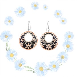 Artisan Copper Flower Hoop Earrings - Black Flower Earrings for Women