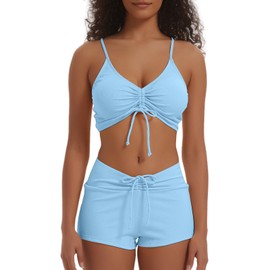 meioro Traje de baño sólido para mujer, pantalones cortos con lazo frontal, bikini de dos piezas, traje de baño atlético de cintura alta, Azul-cielo, Grande