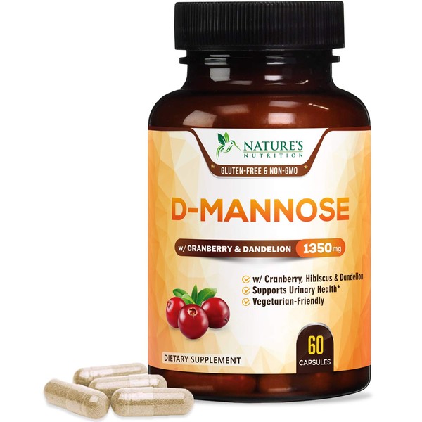 D-Mannose Capsules with Cranberry Extra Strength Support 1350mg - Natural Urinary Health Support - Made in USA - Vegan Fast-Acting Pills w/Dandelion & Hibiscus for Men & Women - 60 Capsules