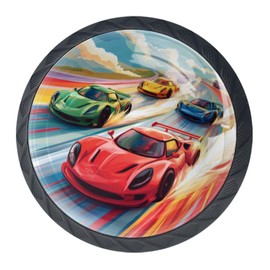 EGJHNSKZ 4Pcs Knobs for Kitchen Cabinets, 35mm Round Black Base Drawer Pulls with Screws, Drawer Dresser Knobs for Cupboard Wardrobe, Race Cars with Colorful Racing Track Pattern