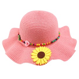 Peninpha Girls Straw Hat with Flower Round Sunglasses, Summer Foldable Large Brim Sunflower Bowknot Beach Toddler Straw Sun Hat, 2-6T