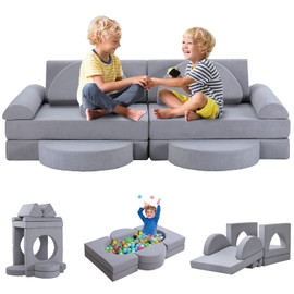 14Pcs Modular Kids Play Couch: Foam Toddler Building Blocks - Removable Kids Sofa Climbing Toys for Playing, Creativity, Convertible Play Fort Sectional Couch for Playroom, Bedroom Furniture, Grey