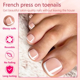 Bellelfin Dark Pink Press on Toenails White French Tips Toe Nail Press ons Short Square Toe Press on Nails Glossy Toenail Press ons, 240pcs Toe Nail Tips Short Toe Nails Press on
