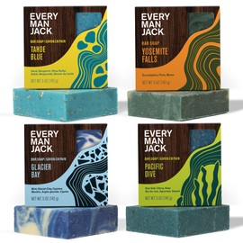 Every Man Jack Cold Plunge Mens Bar Soap Set - Deeply Cleans, Hydrates with Naturally Derived Ingredients - Iconic Cold Water Scents - Pacific Dive, Glacier Bay, Tahoe Blue, Yosemite Falls, 4 Bar Set