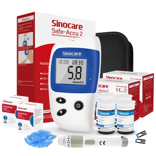 sinocare Blood Sugar Monitor/Blood Glucose Monitoring System Safe Accu2 /Blood Glucose Test Kit with Strips x 100 & Case for UK Diabetics -in mmol/L