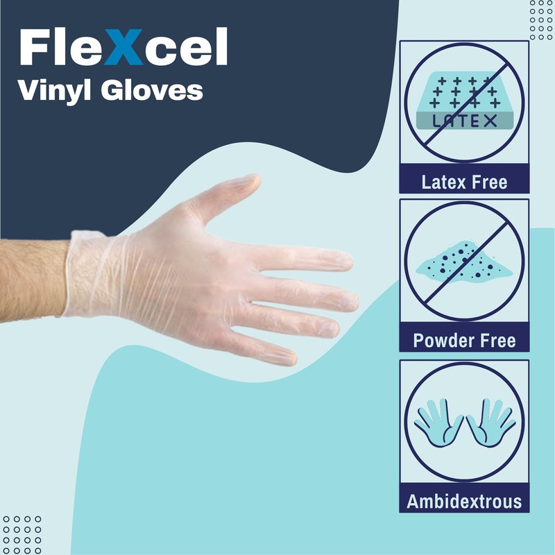 FleXcel Vinyl Gloves, Powder Free, Medical Grade, Food Safe, Latex
