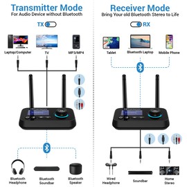 Ainostone Bluetooth Transmitter Receiver 3-in-1 Bluetooth 5.3 Audio Adapter for 2 Headphones with Dual Antenna Bypass Volume Control LCD Display 3.5mm Aux/Optical/RCA for Home Stereo TV Speaker PC