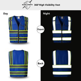 SKSAFETY 10 Pockets Safety Vest, Class 2 High Visibility Security with Zipper, Hi Vis Vest with Reflective Strips, ANSI/ISEA Standard, Construction Work Vest for Men ＆ Women （Blue, 3XL）