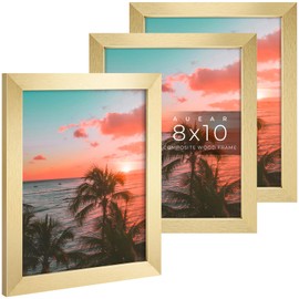 AUEAR, 8x10 Picture Frames Set of 3, with Mat for 5x7 or 8x10 without Mat, Engineered Wood Photo Frames with Plexiglass, for Wall or Tabletop Display (Gold)
