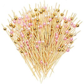 Pink, Gold, White Pearl Cocktail Picks, Bamboo Toothpicks (4.7 In, 150 Pack)