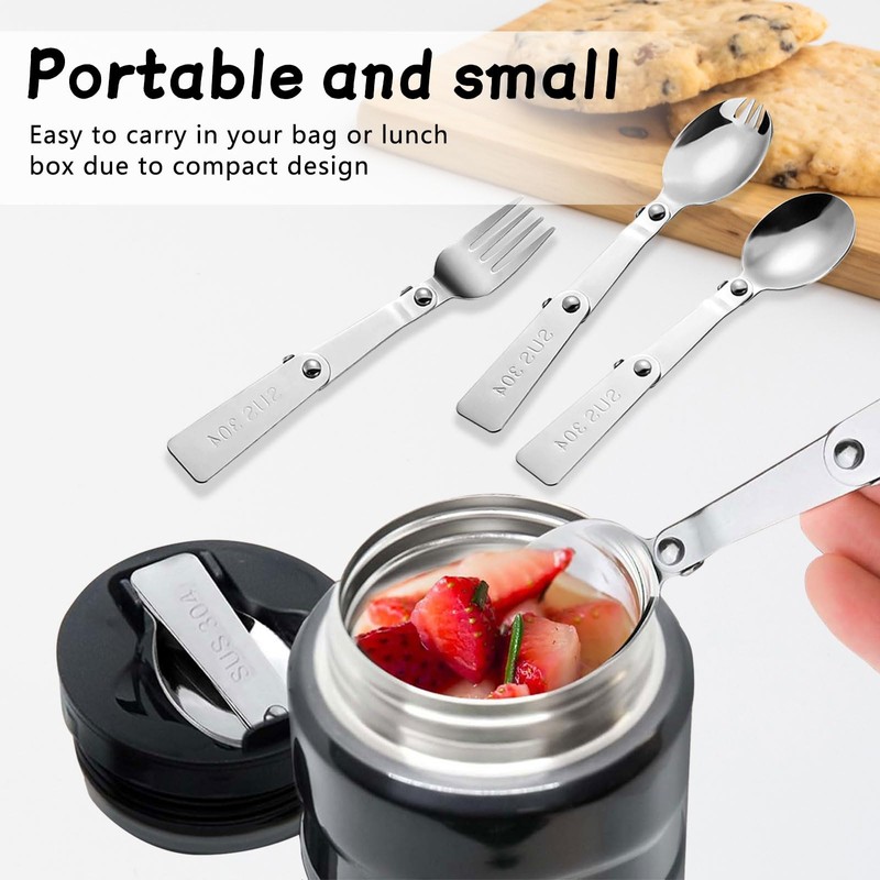 HARY 3pcs Folding Spoon and Fork for Thermos Food,Multi-Functional Stainless