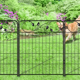 FOREHOGAR Decorative Outdoor Garden Fence 30in(H) X12ft(L) 6 Panels+7 Stakes Leaf Black Metal Garden Fencing for Landscape Lawn Patio, Temporary Animal Barrier Fences for Dogs