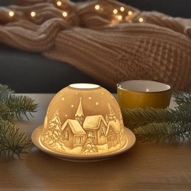 Porcelain Dome Candle Holder with Candle Cover and Tray Winter Country Design Stunning 3D Image Candle Holder Christmas Giftcolor: White, size: one size