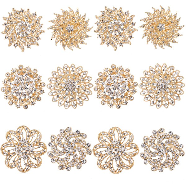 MEEDOZ Crystal Rhinestone Flower Brooch Pin Set for Women DIY Wedding Party Bouquet Kit Applique Embellishment Craft Decor (Gold 12pcs)