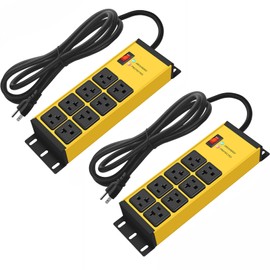 CCCEI 2PCS Heavy Duty Power Strip Surge Protector 20 AMP, 8 Outlets 12 Gauge Shop Garage Metal Multiple Outlets, 10 FT Extension Cord 5-15P Adapter High Amp 6-20R T-Slot 20a for Appliance Yellow.