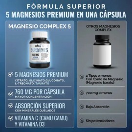 Oby Magnesio Complex 5 | Citrato, Glicinato, Treonato, Taurato, Gluconato | Sin oxido | Minerales Quelados polvo, Camu C y D3 | Magnesium Complejo Pre