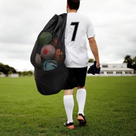 Bramble - Heavy Duty Extra Large Mesh Net Drawstring Ball Bag with Adjustable Straps & Ball Pump - 15 Football, Basketball, Netball & Rugby Ball Capacity - 110 x 50 cm