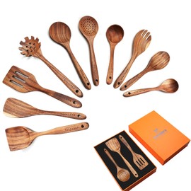 BOKALAKA Wooden Spoons for Cooking,10 Pcs Natural Teak Wooden Cooking Utensils Wooden Kitchen Utensils Set Wooden Utensils for Cooking Wooden Spatulas for Cooking