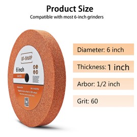 UF-SHARP 6 inch Bench Grinder Wheels, 1" Wide, 1/2" Arbor, 60 Grit Aluminum Oxide Grinding Wheel for HSS and Carbon Steel Tools (60 Grit)