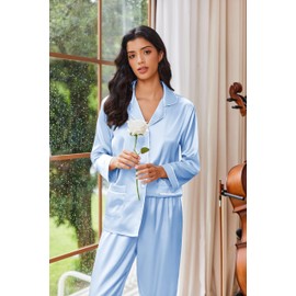 Ekouaer Womens Pajama Sets Satin Silk Pjs Classic Button Down Sleepwear Soft Long Sleeve Lounge Sets Clear Blue M