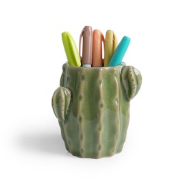Zaposcca Ceramic Cactus Pen Holder, Cactus Decor Cute Pencil Holder, Makeup Brush Holder for Home, Office Desk Accessories(Light Green Cactus)