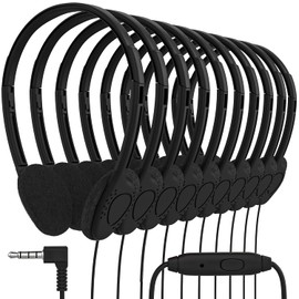 Maeline Bulk On Ear Student Headphones with Microphone for Classroom, School, Library, Airplane, Kids Online Learning and Travel, 3.5 mm Headphone Plug - 10 Pack - Black