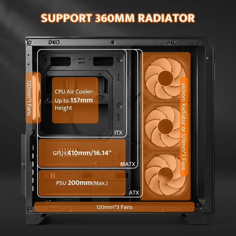 darkFlash ATX Mid-Tower PC Case with Screen, Three Side Glass,
