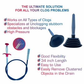 Sink and Toilet Plunger & Hair Clog Remover 34 inch 2 in 1 Kit - Drain Snake and Plunger for Sinks, Kitchens, Toilets, Bathrooms and Showers
