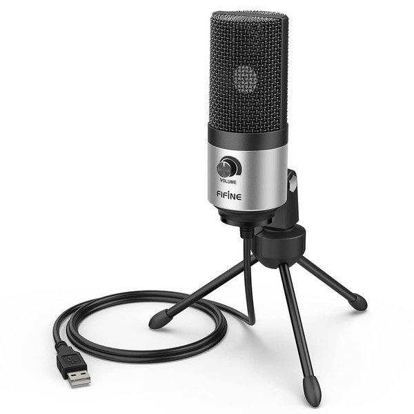 FIFINE USB Microphone for Zoom Video Meeting Online Class on PC Computer, Metal Condenser Desktop Mic with Gain Control for Windows and Mac, Silver - K669S
