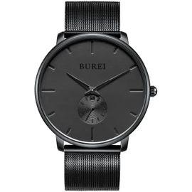 BUREI Men's Watch, Black, Simple, Stylish, Popular, Stylish, Brand, Waterproof, Men's Watch, black-black-black hands, Bracelet Type
