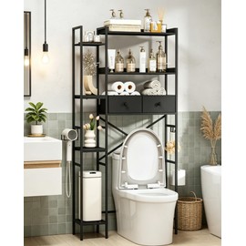 Suuiwau Over The Toilet Storage with 2 Drawers - 7 Tier Bathroom Organizer with Adjustable Shelf, Freestanding Space Saver Storage Rack Above Toilet Stand with Hooks for Small Restroom, Laundry(Black)