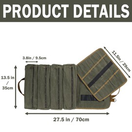 Tool Roll, Chisel Storage Case Roll - with 4 Tool Storage Pockets + 12 Slots + Portable Handle - Heavy Duty 16oz Waxed Canvas Tool Roll Up Bag for Hand Tools | 27.5"L x 13.5"W | Army Green