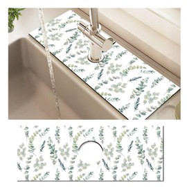 BSADKJFQO Absorbent Splash Guard Mat for Kitchen Sink, 15×5.5 Inch Cute Fast Drying Drip Catcher Behind Faucet Mat, Non-Slip, Washable Sink Mat Gadgets for Bathroom, Kitchen, Bar Green Leaves
